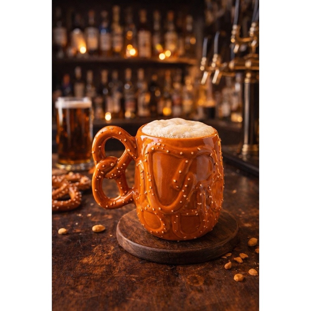 1979 Handmade Pretzel Mug‎ Orange Drip Glaze Ceramic Beer Stein Kitsch Mancave